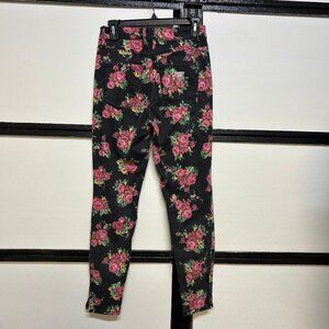 Guess 1981 3-Zip Crop Jeans, Black with Red Roses, Size 27